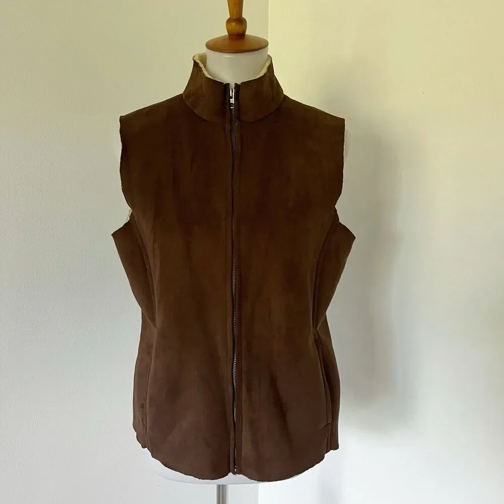 Sherpa Lined Lands End Zip Up Faux Suede Warm Vest Size M/P Medium Petite Brown